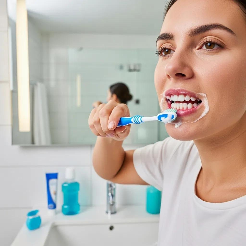 Person brushing teeth with visible signs of gingivitis, highlighting the importance of recognizing symptoms early