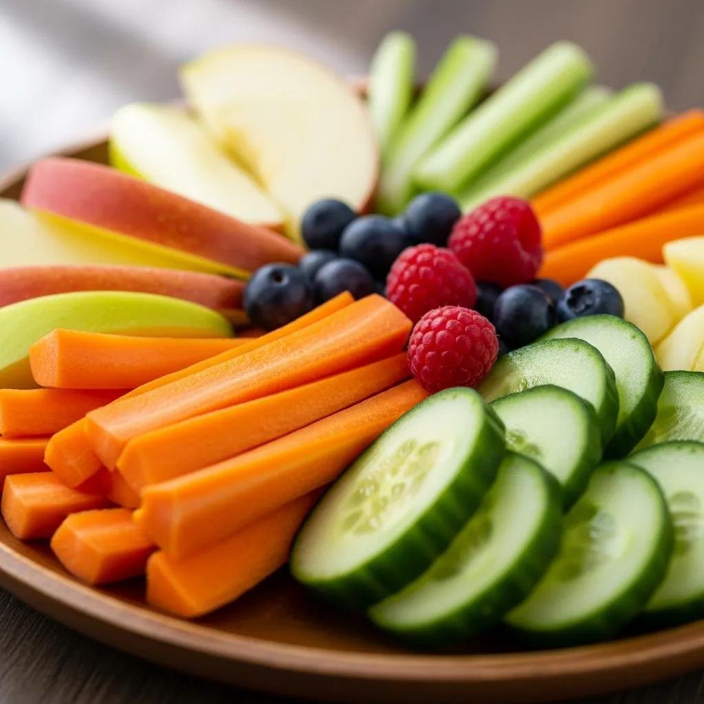 Plate of crunchy fruits and vegetables for healthy dental snack alternatives.