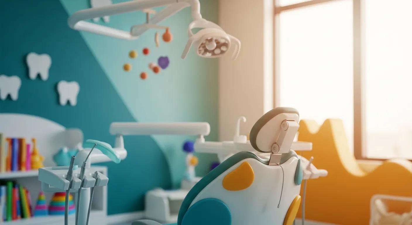 Dental examination chair in a colorful pediatric dental office in Ontario, CA.