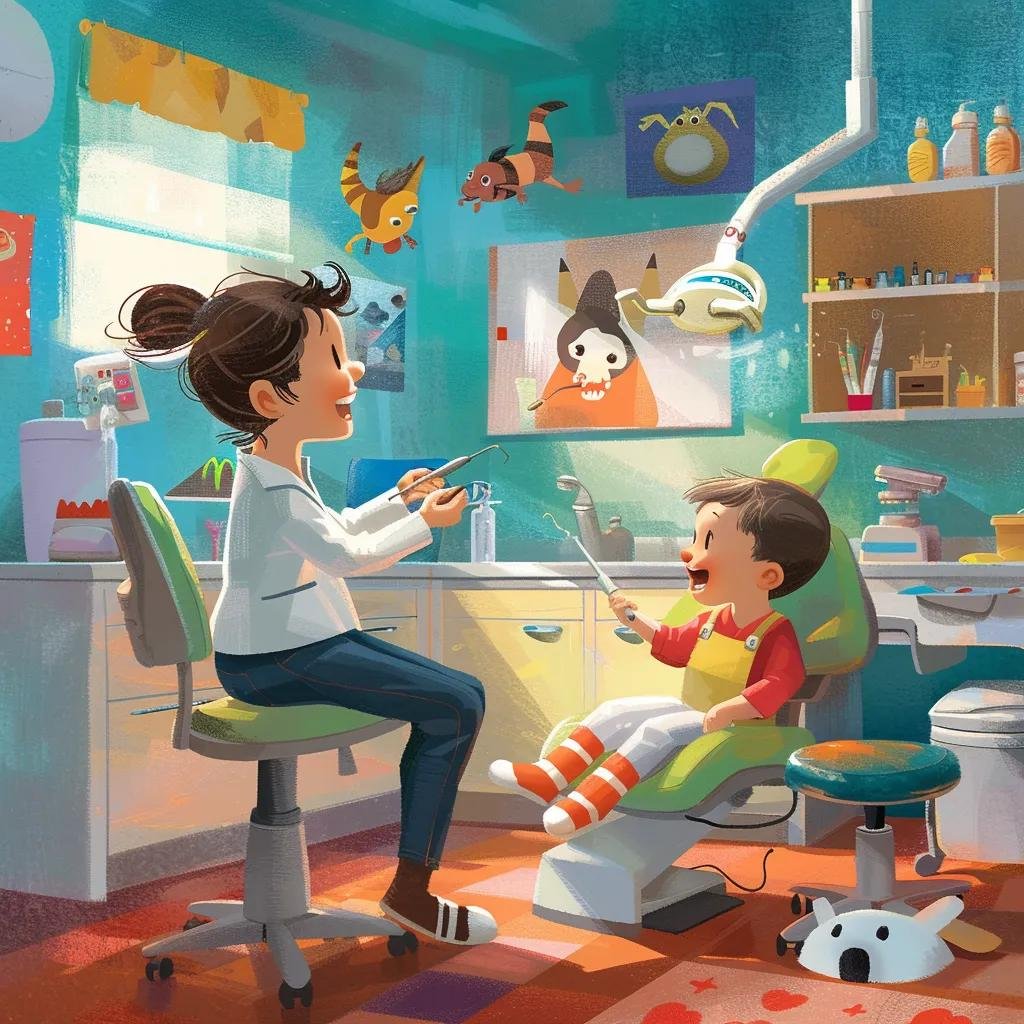 Gentle pediatric dentist examining young boy in colorful, welcoming clinic environment.