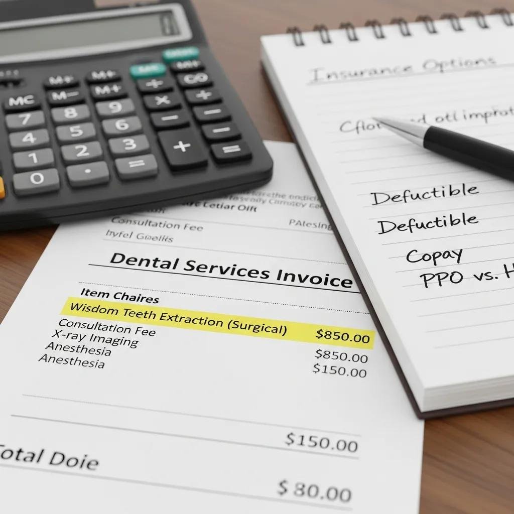 Dental bill for wisdom teeth extraction costs with calculator and insurance options.
