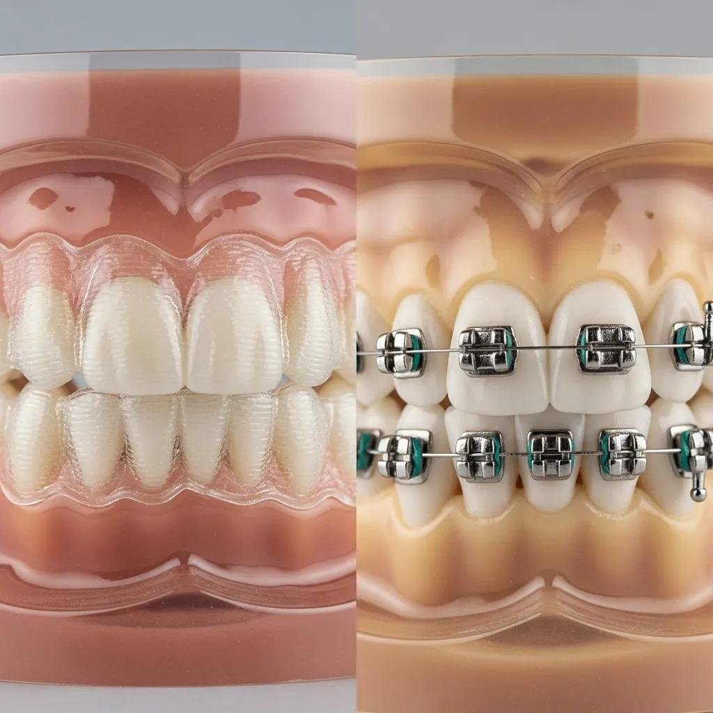 Comparison of clear aligners and traditional braces on a dental model, illustrating orthodontic options