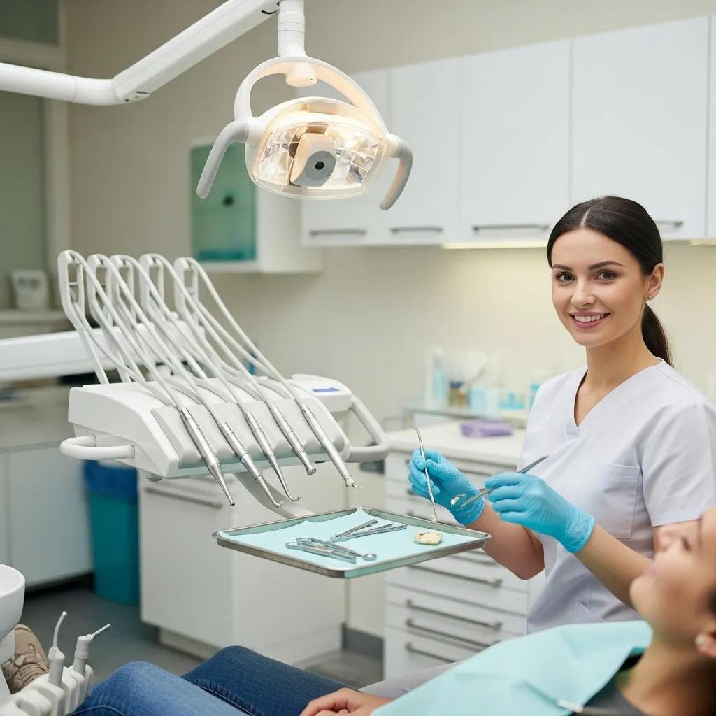 Dental clinic setup for wisdom teeth extraction with tools and a patient receiving care in Ontario, CA.