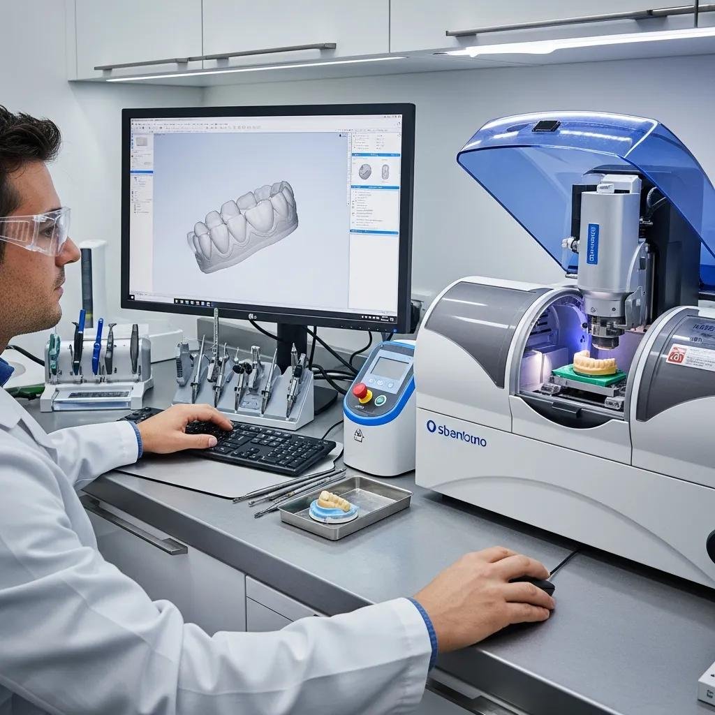 Dental technician using CAD/CAM technology to create a same-day dental crown in a modern lab