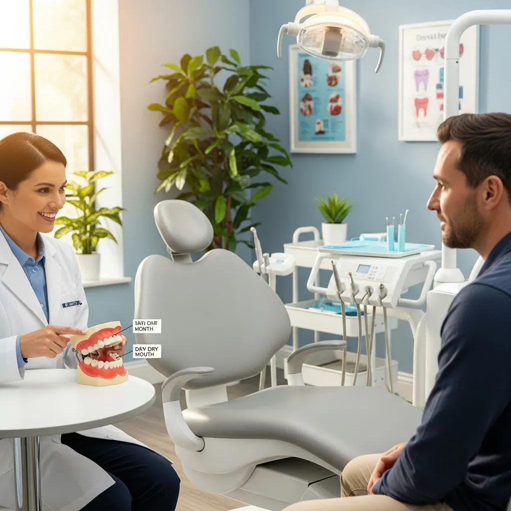 Dentist consulting with patient about dry mouth solutions in a welcoming dental office.