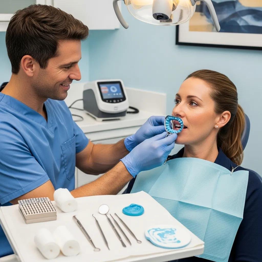 Dentist taking impressions of a patient's teeth for customized dental crowns in a modern clinic