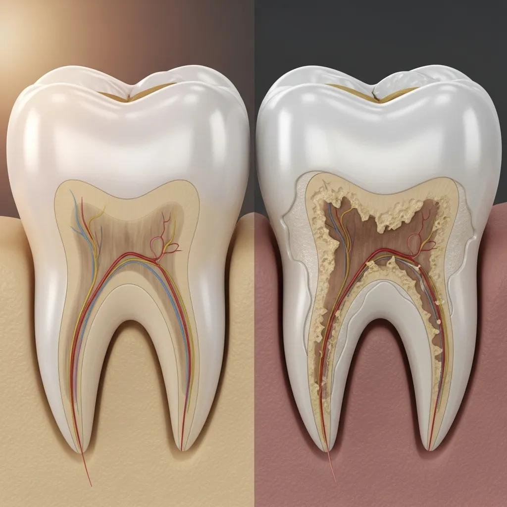Tooth enamel erosion illustration showing exposed dentin and sensitivity.