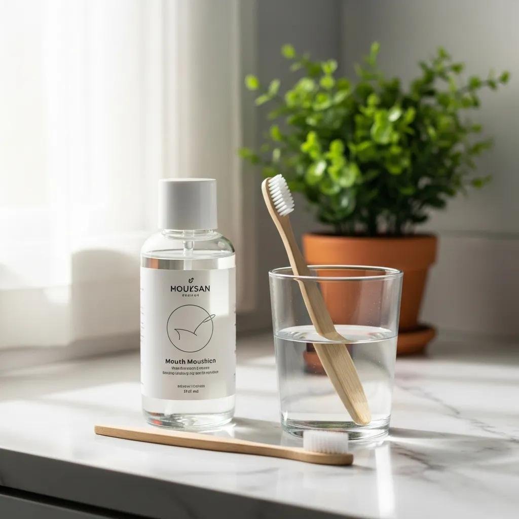 Mouthwash bottle, toothbrush, and glass of water symbolizing oral hygiene benefits for fresh breath and