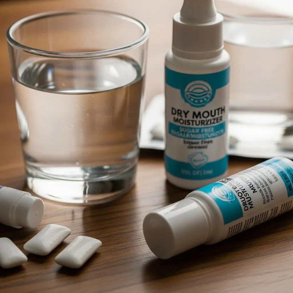 Water, sugar-free gum, and oral moisturizer for dry mouth relief.