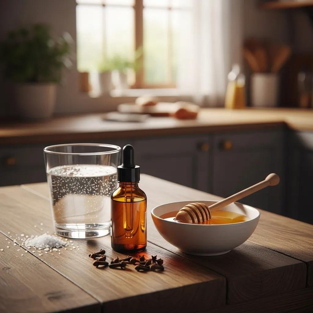 Saltwater rinse, clove oil, and honey for tooth sensitivity relief in a cozy kitchen setting.