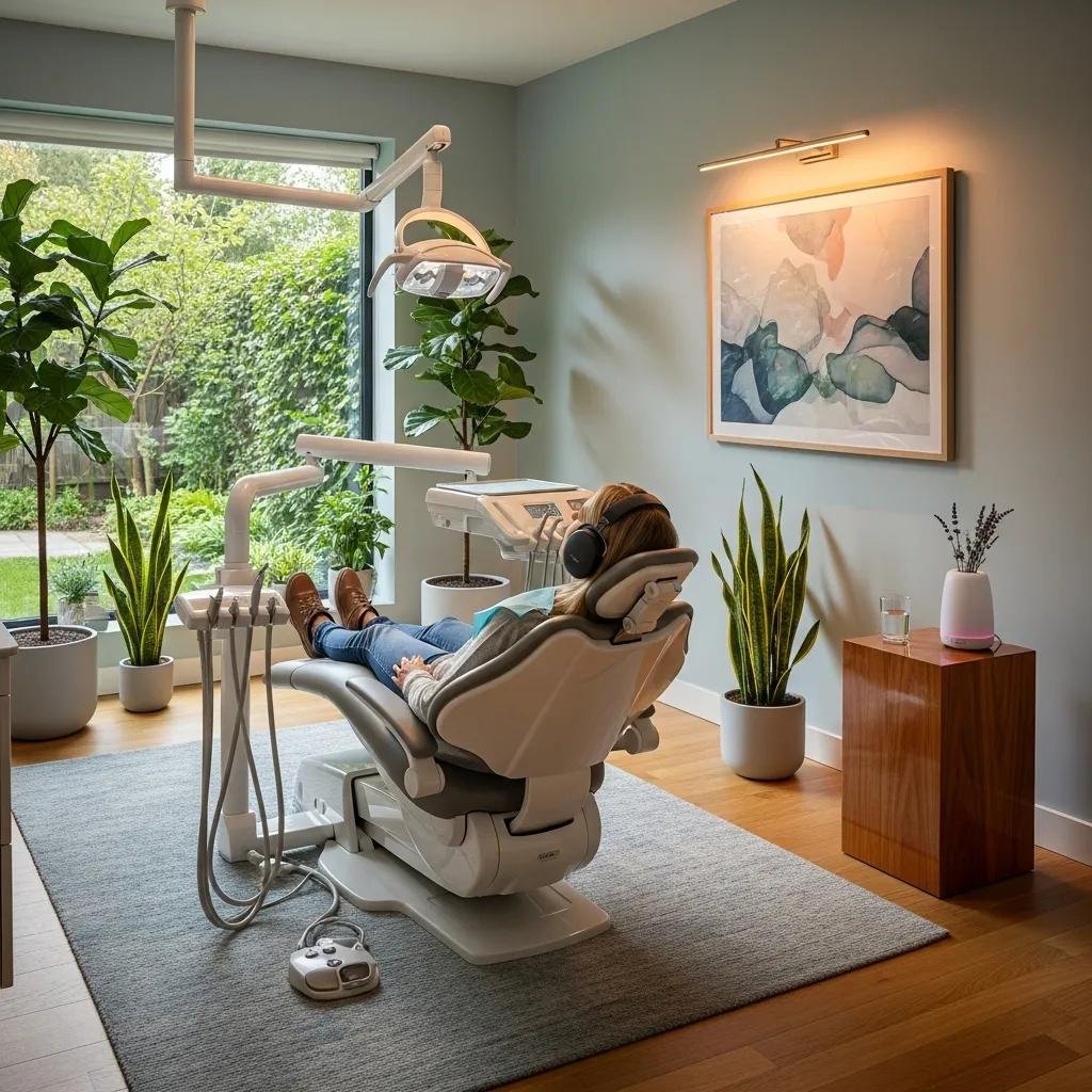 Patient in a calming dental environment, utilizing relaxation techniques to manage dental anxiety