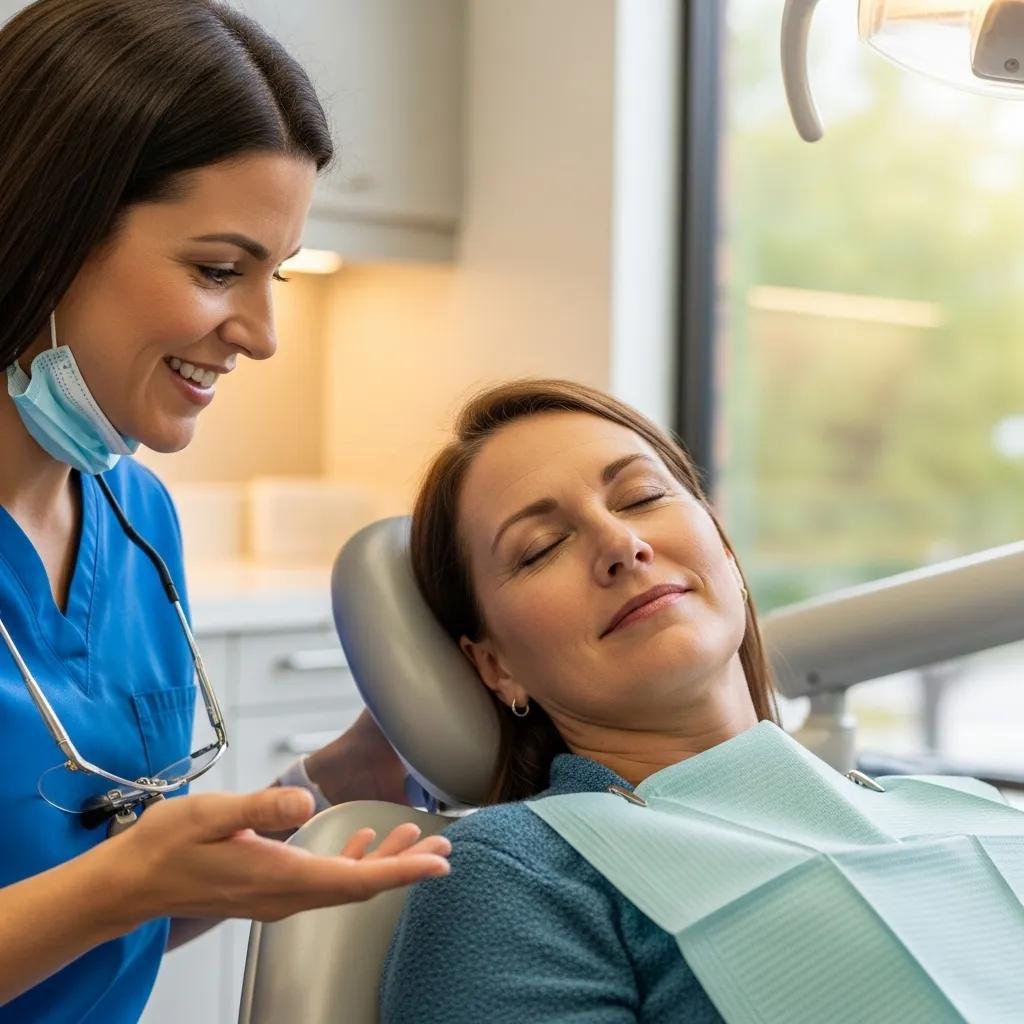 Patient receiving oral sedation in a calm dental environment