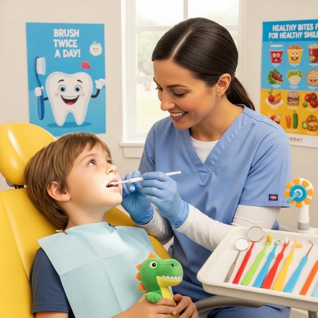 Pediatric dentist applying fluoride treatment to a child, demonstrating preventive dental care at Beautiful Smiles