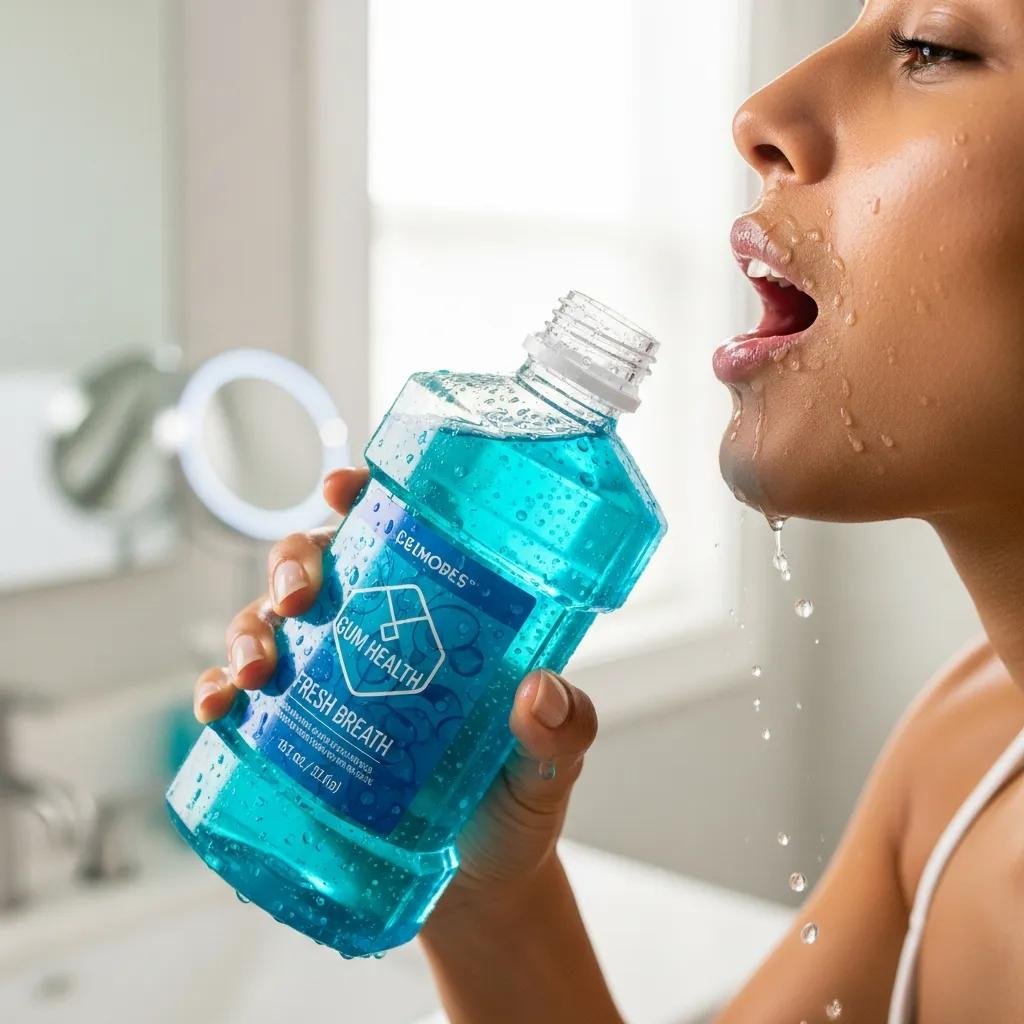 Woman rinsing mouth with mouthwash emphasizing gum health and fresh breath.