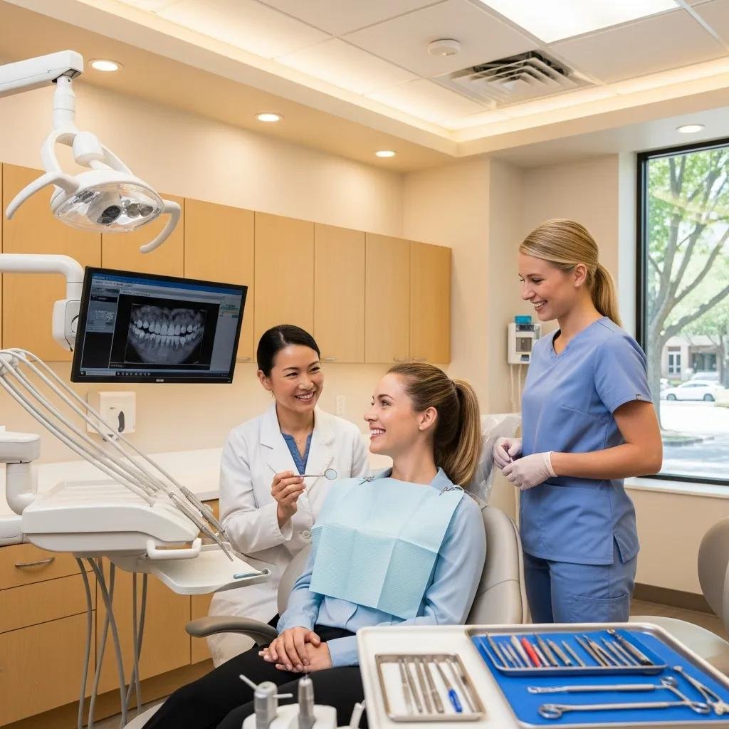 Smiling patient in a dental office showcasing a symmetrical smile, highlighting orthodontic care