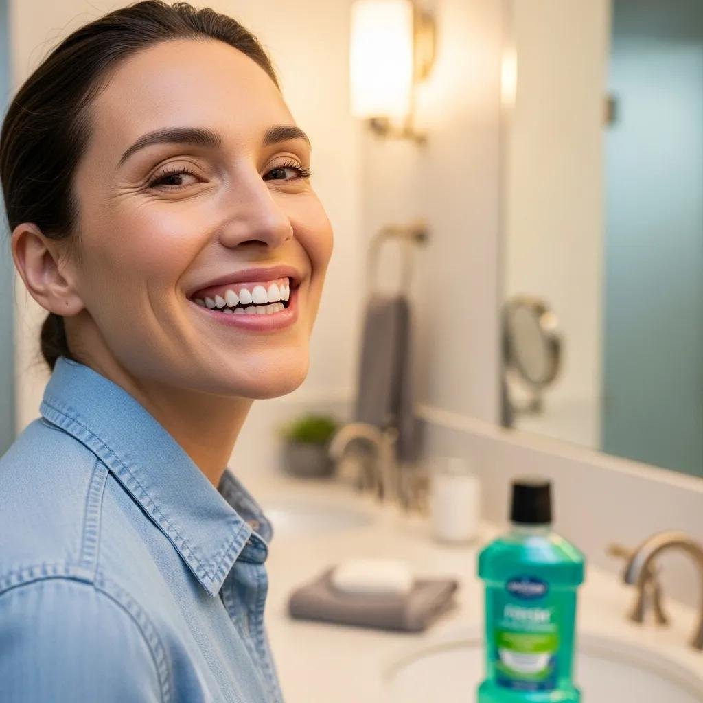 Smiling woman in bathroom after using mouthwash, illustrating fresh breath and oral hygiene.
