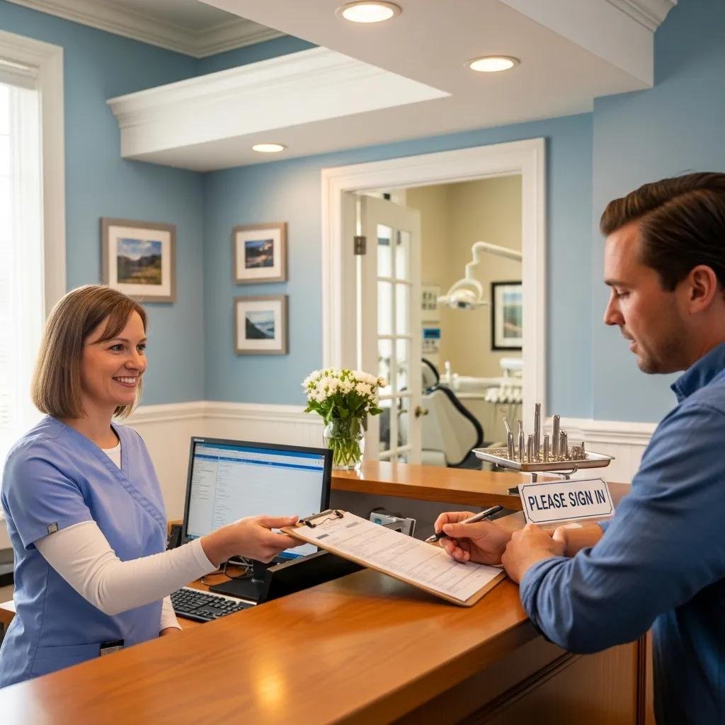 Dental clinic reception area with a friendly professional welcoming a patient, emphasizing immediate care for dental emergencies