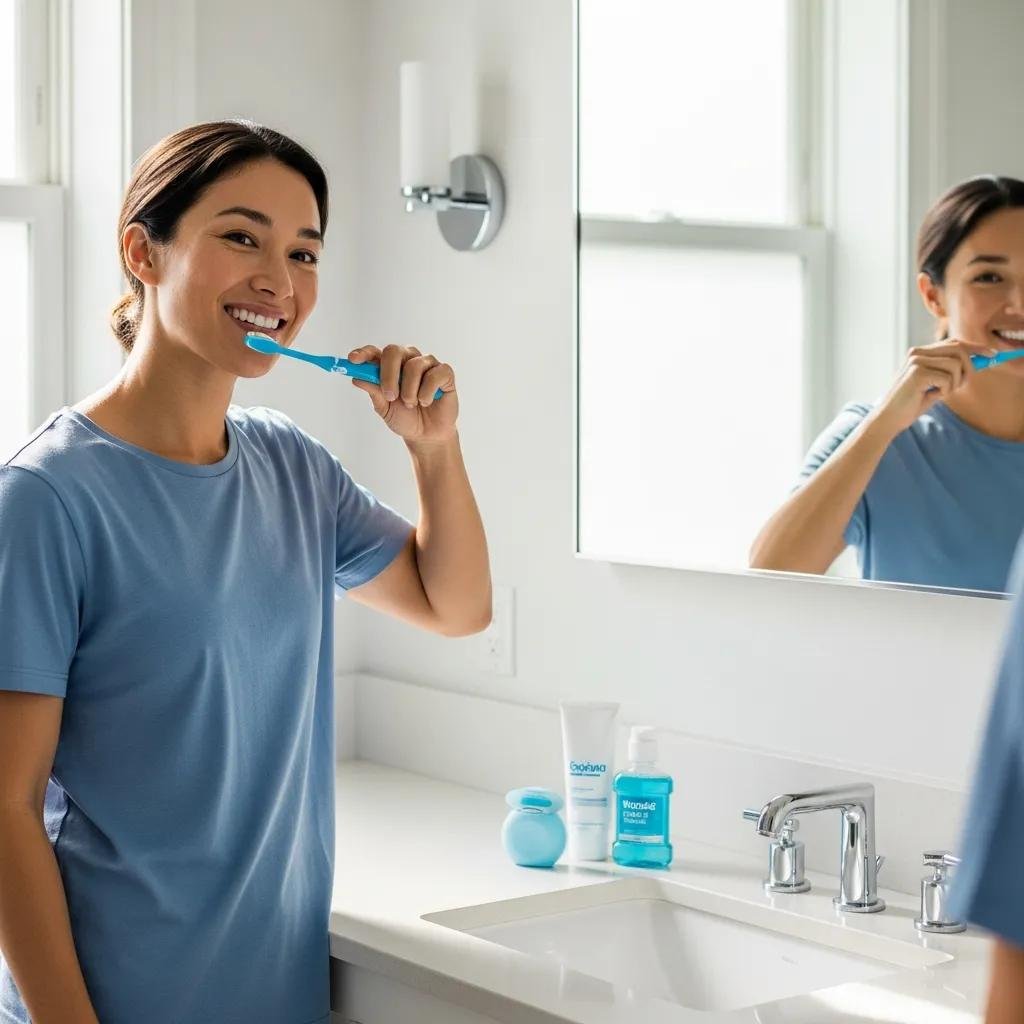 Person brushing teeth with a soft-bristled toothbrush in a modern bathroom