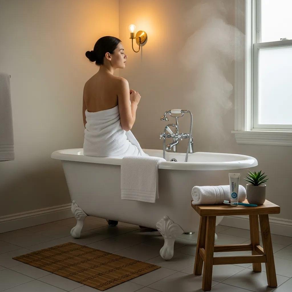 Person practicing relaxation techniques in a serene bathroom before brushing teeth
