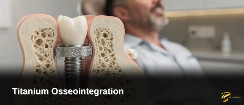 Osseointegration is the biological process by which a titanium dental implant fuses directly with surrounding