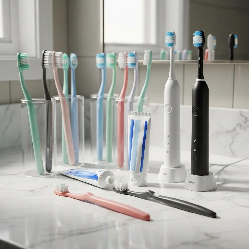 Variety of toothbrushes including soft-bristled and electric options on a bathroom counter