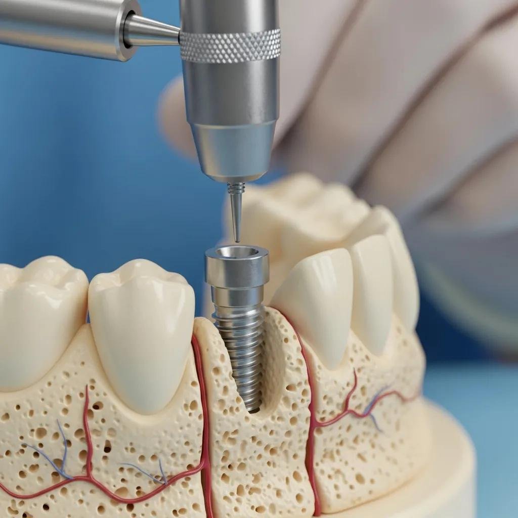 Close-up of a dental implant being placed into a model jawbone