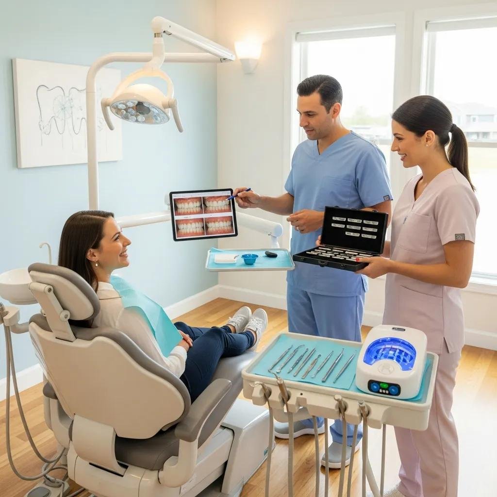 Dental clinic scene with a patient discussing cosmetic dentistry options