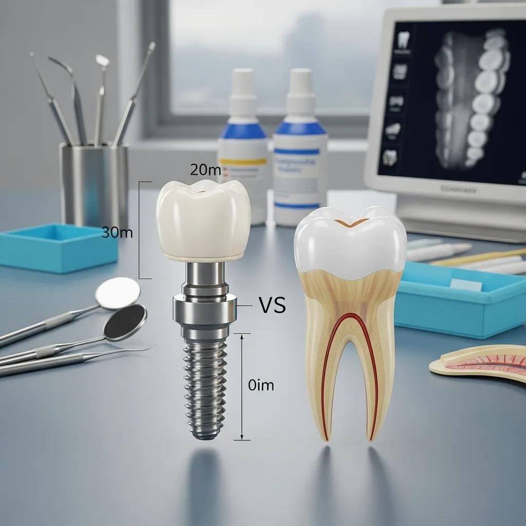 Dental implant model next to a natural tooth in a modern dental workspace, highlighting differences in structure