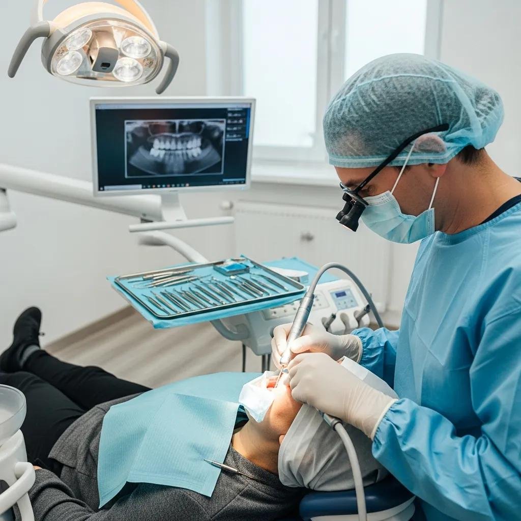 Dental professional performing a dental implant procedure in a modern clinic