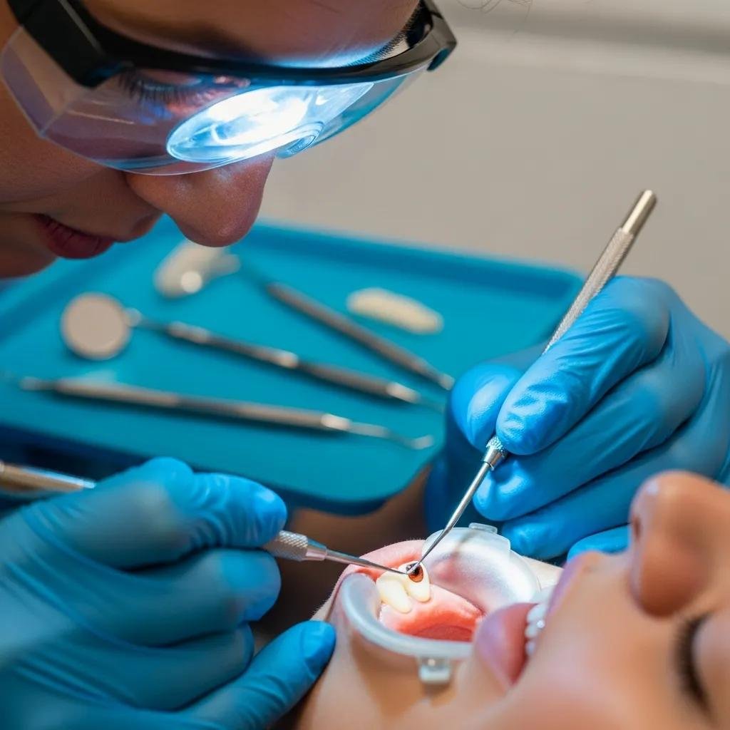 Dentist applying resin during a dental bonding procedure