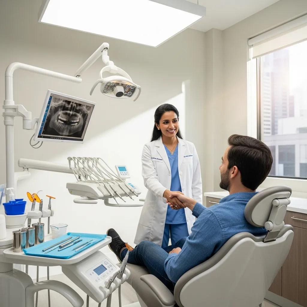 Dentist greeting a new patient in a modern dental examination room