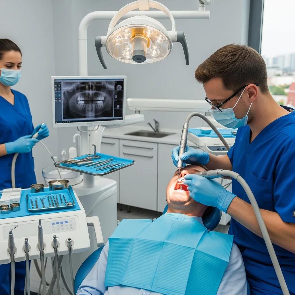 Dentist performing a dental implant procedure on a patient in a clinical dental setting, showcasing professionalism and care
