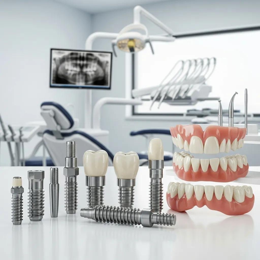 Different types of dental implants including single-tooth implants and full-arch prostheses for smile restoration