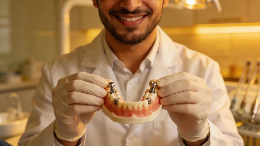middle eastern dentist holding dentures with dental implants