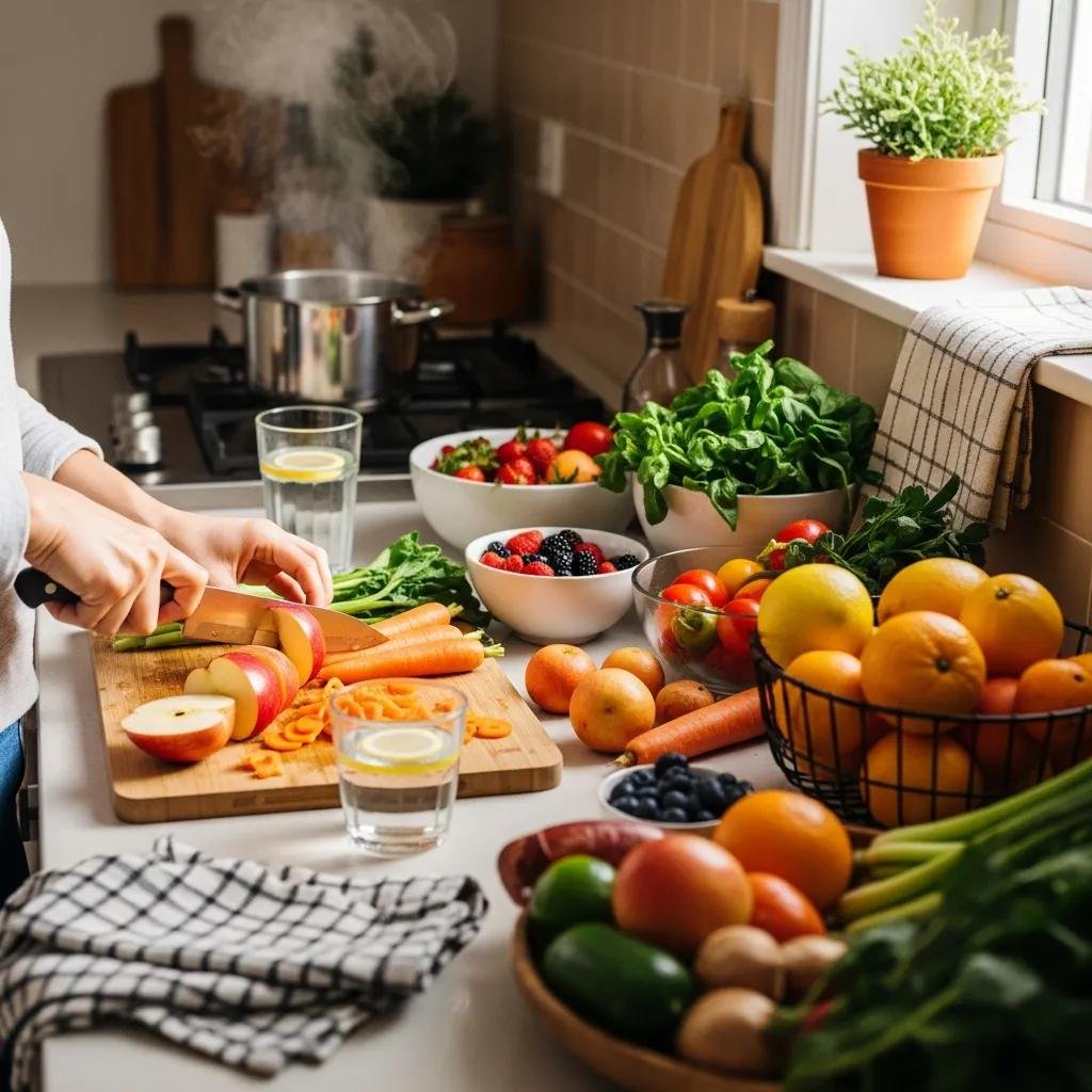 Healthy meal preparation in a cozy kitchen, showcasing fruits and vegetables that support long-term breath freshness