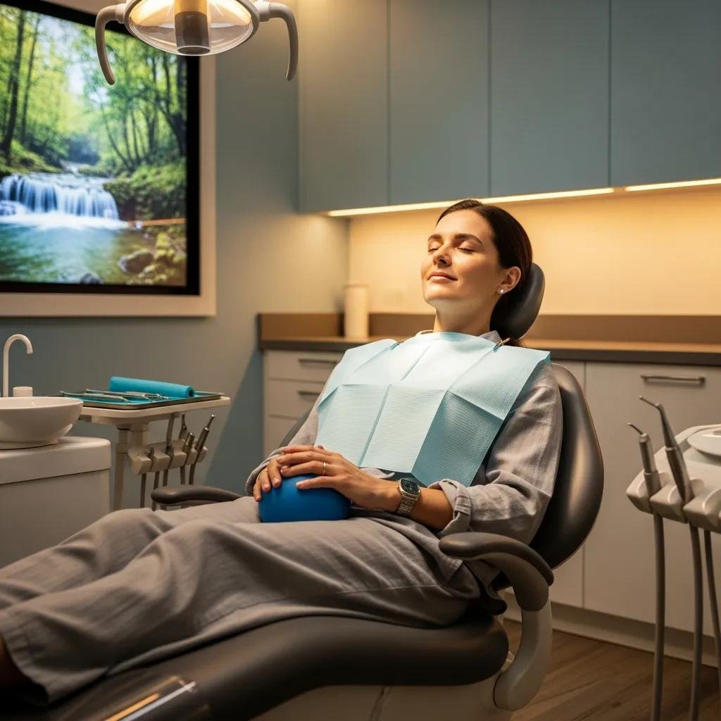 Patient practicing relaxation techniques in a calming dental environment