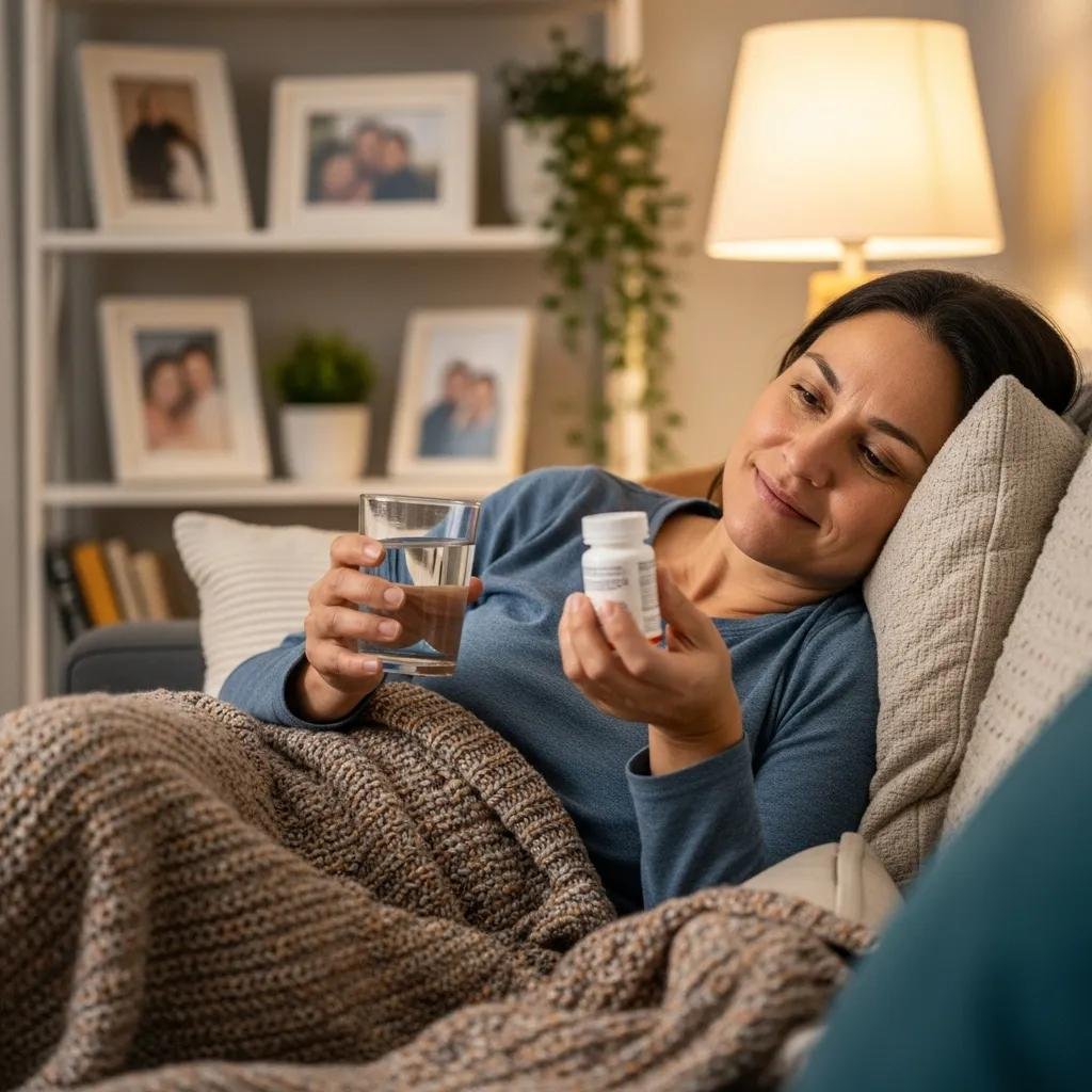 Patient relaxing at home during recovery after dental implant surgery