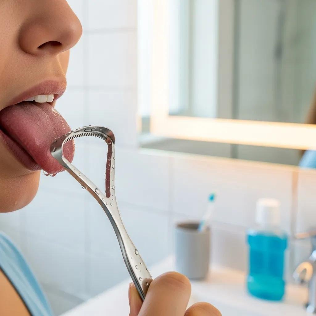 Person using a tongue scraper in a clean bathroom, highlighting effective tongue cleaning methods for reducing oral bacteria